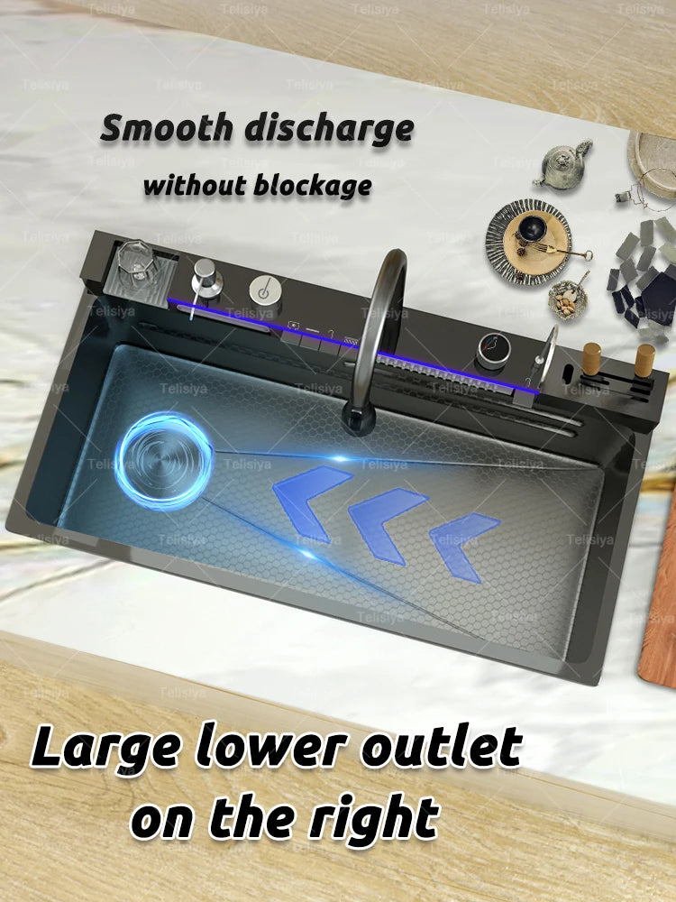 Edelstahl-Küchenspüle, multifunktionale Digitalanzeige, Wasserfall, großer Einzelschlitz mit Rack für Messerwaschbecken