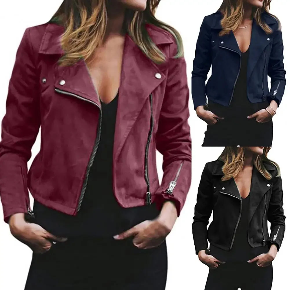 Biker Kurze Pu-Lederjacke Damen Einfarbig Revers Langarm Zip Up Kurze Jacke Mantel Punk Zip-Up Revers Kurzmantel Jacke.