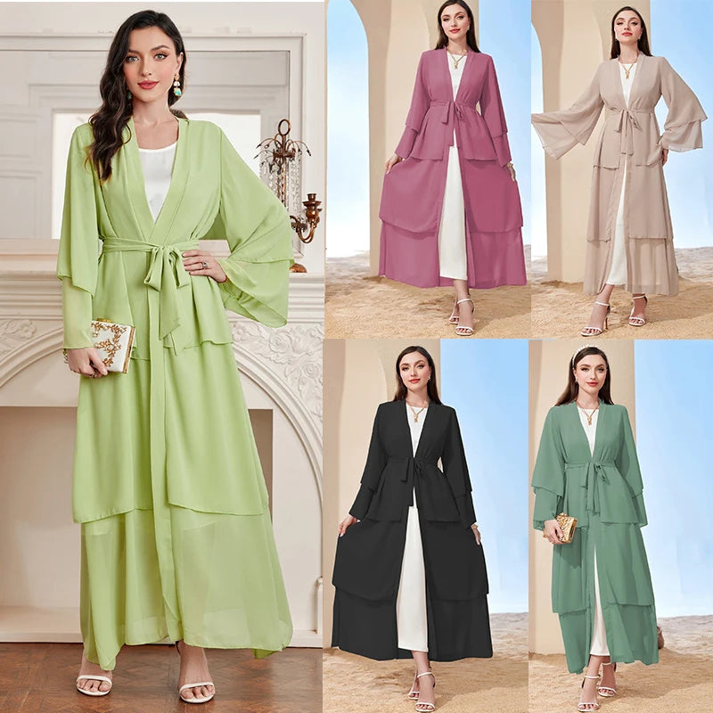 Ramadan kebaya Layered Open Front Abaya, Long Sleeve Dress With Belted , Without Hijab, Women's Clothing.