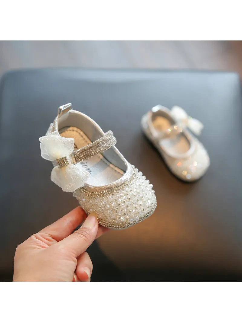 Girls Walking Shoes Lace Mesh Bows Kids Princess Shoes Non-slip Shiny Sequins 2025 New Children Flat Shoes Soft Sole Non-slip.
