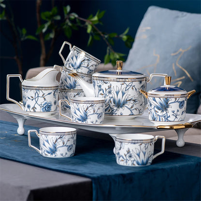 Elegant Cup and Saucer Set Bone China Sugar Jar Milk Jug Coffee Pot Set Cyan Magnolia Home English Mug Teaset Dessert Plate