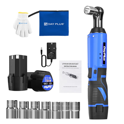 DayPlus 3/8 Zoll kabelloser elektrischer Ratschenschlüssel, 12 V Power-Ratschengerät 200 NM mit 2 x 1500 mAh-Batterien 90 °   Winkelschlüssel, 7 Steckdosen