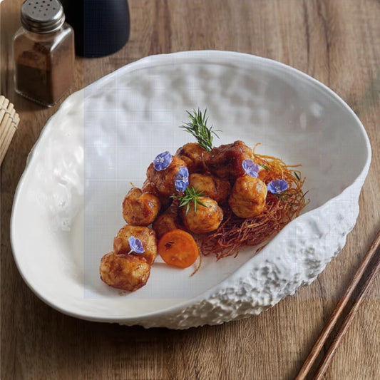 Shell-shaped Plate with Rock Pattern Household Gold-plated Ceramic Steamed Fish Soup Plate Hotel Fruit Salad Dessert Tableware.