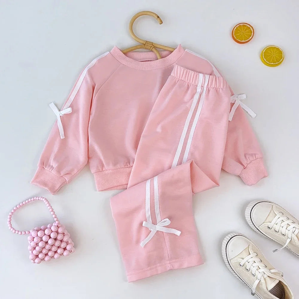Bear Leader Kids Clothes Girls Autumn Fashion Bow Decoration Pink Sports Top+Pants Two-piece Sets Children's Daily Casual Wear.