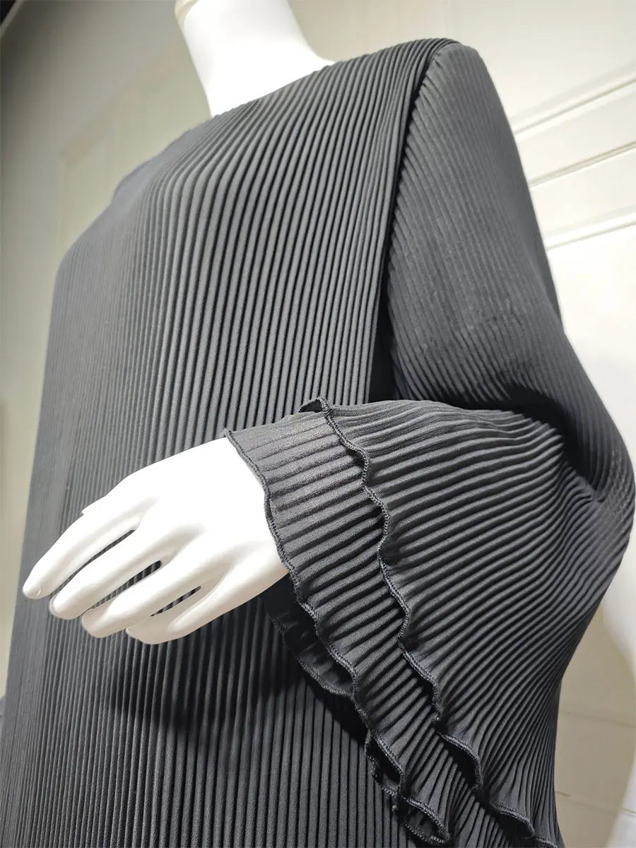 Siskakia Ramadan-Muslim Solid Wrinkle Dresses For Women's Dubai  Moroccan Petal Sleeve Abayas O-Neck Elegant Kebaya 2024