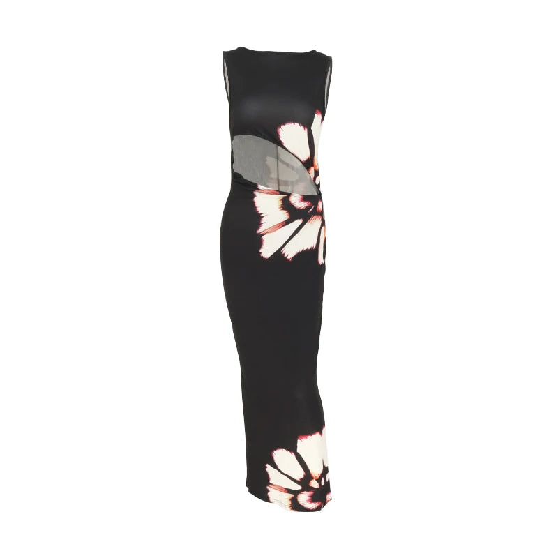 Sommer Sexy Maxi Kleid Für Frauen Streetwear Fashion Print Aushöhlen Ärmellose Neue Dünnes Kleid Casual Club Elegante Party Kleider.