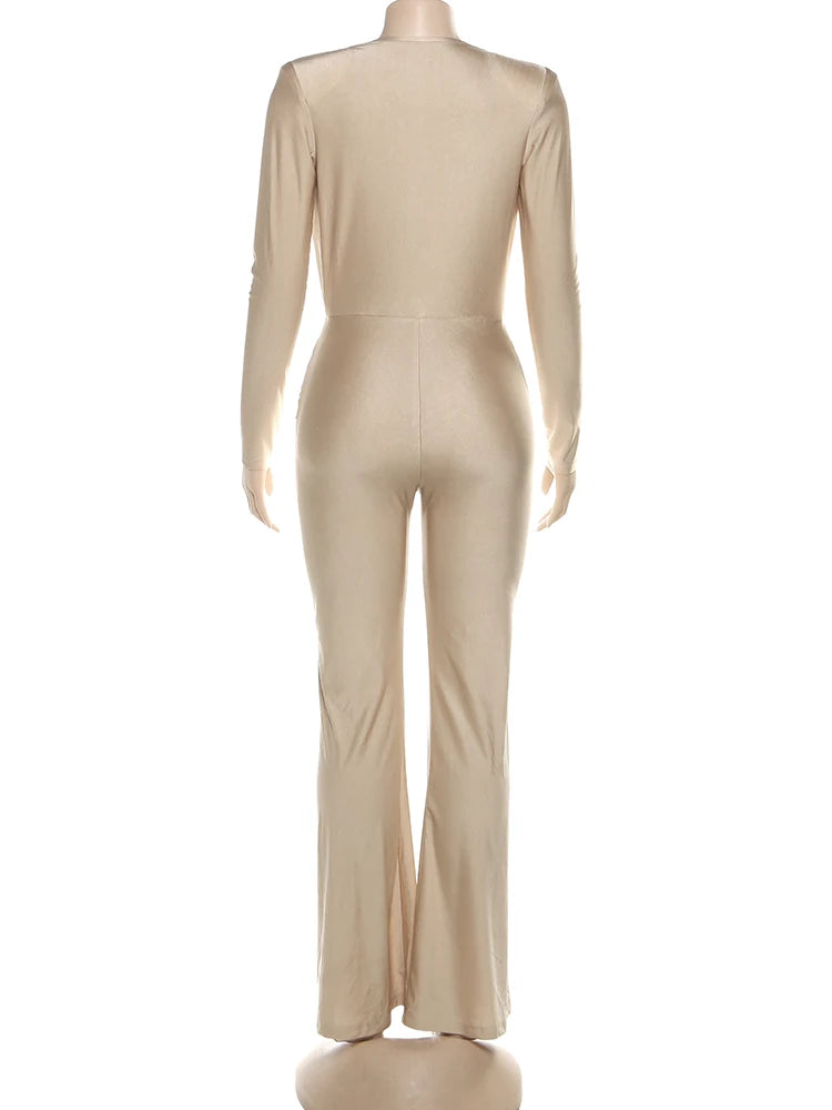 Weird Puss Cross Ruched Jumpsuit Women Patchwork Deep v-Neck Full Sleeve Elegant Skinny Stretch Workout Office Classic Overalls.