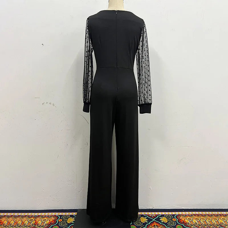 Jumpsuits Women One Piece Wide Leg Pants V Neck Gauze Long Sleeve Tight Waist Straight Trousers 2025 Office Lady Overalls.