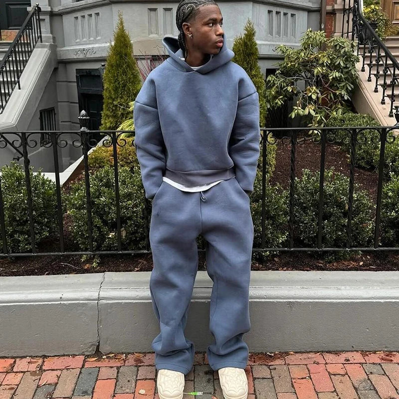 Men Cotton Vintage Tracksuit 2pcs Set Hoodies Straight Pants Casual Loose Hip Hop Sports Hooded Pullover Trousers Y2k Streetwear