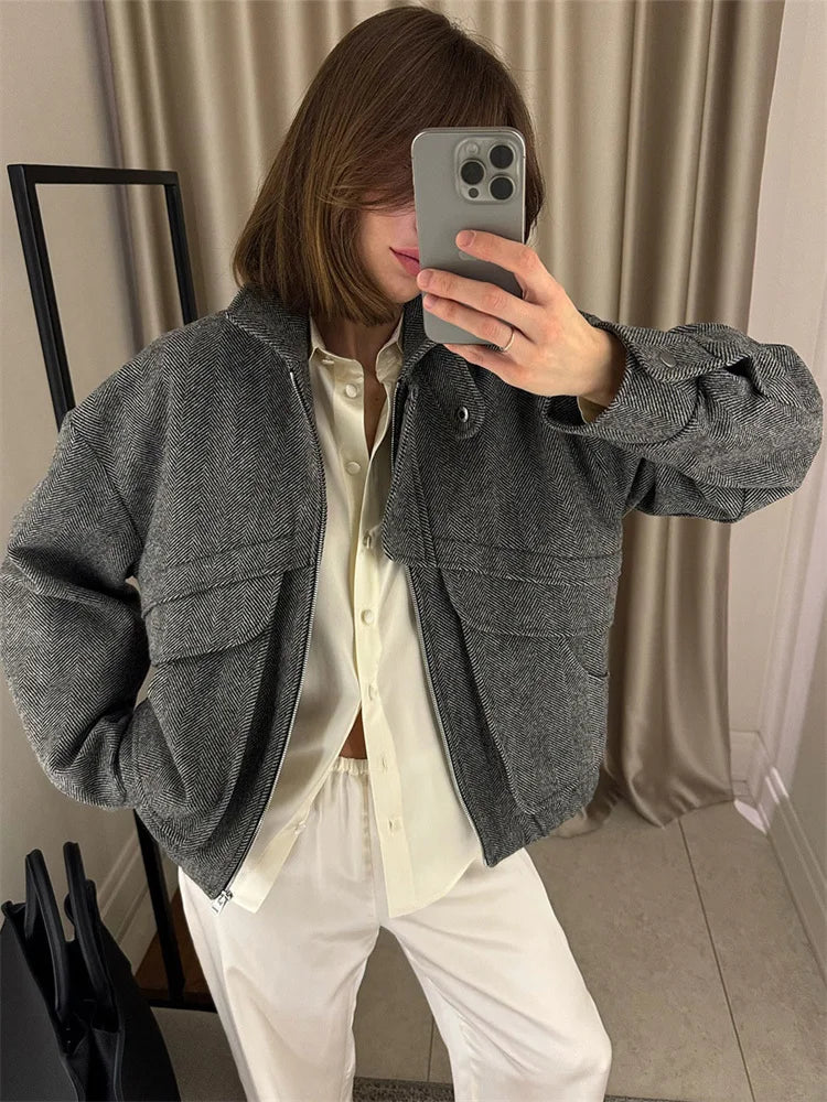 Tossy Autumn Grey Zipper Outwear Jackets Female Solid Loose Patchwork High Waist Cropped Top Coat Streetwear Women's Y2k Jackets.