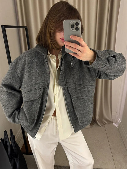 Tossy Autumn Grey Zipper Outwear Jackets Female Solid Loose Patchwork High Waist Cropped Top Coat Streetwear Women's Y2k Jackets.