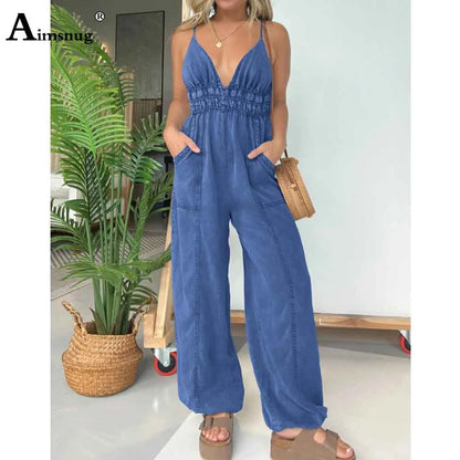 2025 Women's Stand Pocket Casual Beach Jumpsuits Women Straight Leg Trousers High Cut Female Fashion Strappy Bodysuits New.