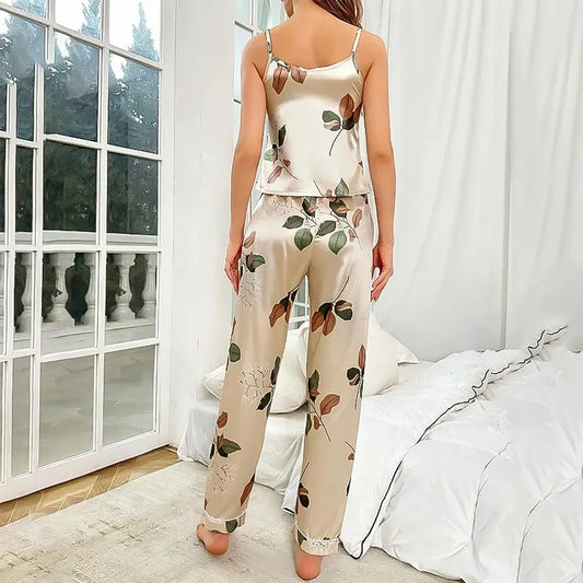 Elegantes Damen-Pyjama-Set aus Satin mit Blattmuster, V-Ausschnitt, Cami-Oberteil und elastische Hose für bequemen Schlaf und Faulenzen