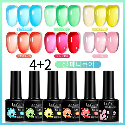 LILYCUTE 6Pcs 7ML Jelly Glass Gel Nail Polish Set Sea Blue Varnish Semi-transparent Nail Art Semi Permanent UV Gel Varnish.