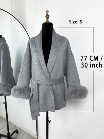 Tossy Fuchspelz-Wollmantel für Damen, kurzer Mantel, Bürodame, eleganter doppelseitiger Wollmantel, 2025, neue Strickjacke, Jacken, lockere Wolle.