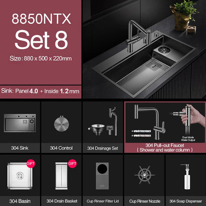 ASRAS New Waterfall Faucet Kitchen Sinks Nanometer Large Size 4mm Panel Handmade Sinks Cup Rinser Kitchen Sinks