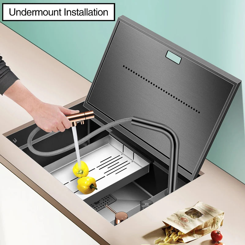 Nanometer Black Hidden kitchen Sink SUS 304 Stainless Steel 4mm Thickness Flip Cover Hidden Handmade kitchen Sinks