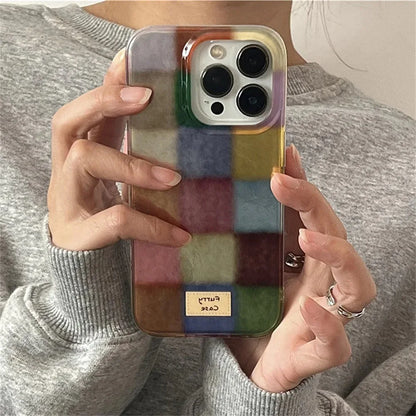 Cute Dopamine Color Block Match Plaid Clear Case For iPhone 17 16 15 14 13 12 11 Pro Max XS XR X 7 8 Plus Checkered Soft Cover.