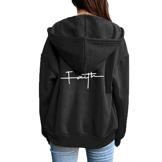 Damen-Strickjacke mit Reißverschluss, Mantel, bedruckt, lässiges Kapuzen-Sweatshirt, Sport-Jogging-Kleidung, hochwertige, vielseitige Straßenfrauenjacke