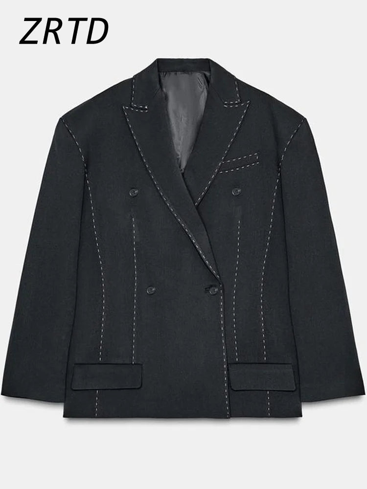 Fashion Line Suit Jackets Pants Sets Women Loose Lapel Double Breasted Blazer Pleated Wide Leg Pant 2025 Autumn Lady Office Suit.