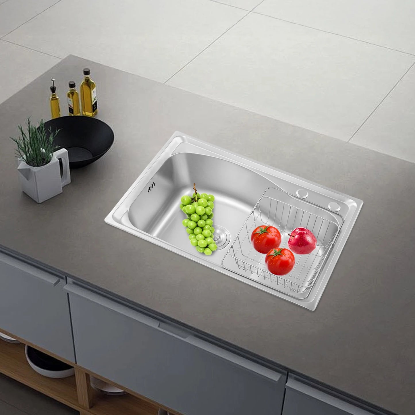 Stainless Steel Kitchen Sink Set, Single Bowl 25.6" Undermount/Overmount Sink with Draining Basket & Accessories