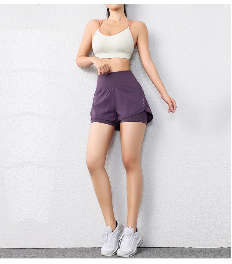 quick-drying women's running shorts sports layer elastic waist active sports shorts with pockets yoga shorts.