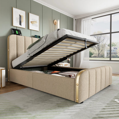 KOMHTOM Polsterbett Einzelbett 90x200 cm- mit goldenen Zierstreifen, USB Typ-C Ladefunktion, Leinen-Material, ohne Matratze