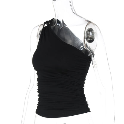 Dulzura One Shoulder Sleeveless Ruched Bodycon Tank Top Women'S Solid Sexy Casual Y2K Tops Party Club Streetwear Summer Clothes