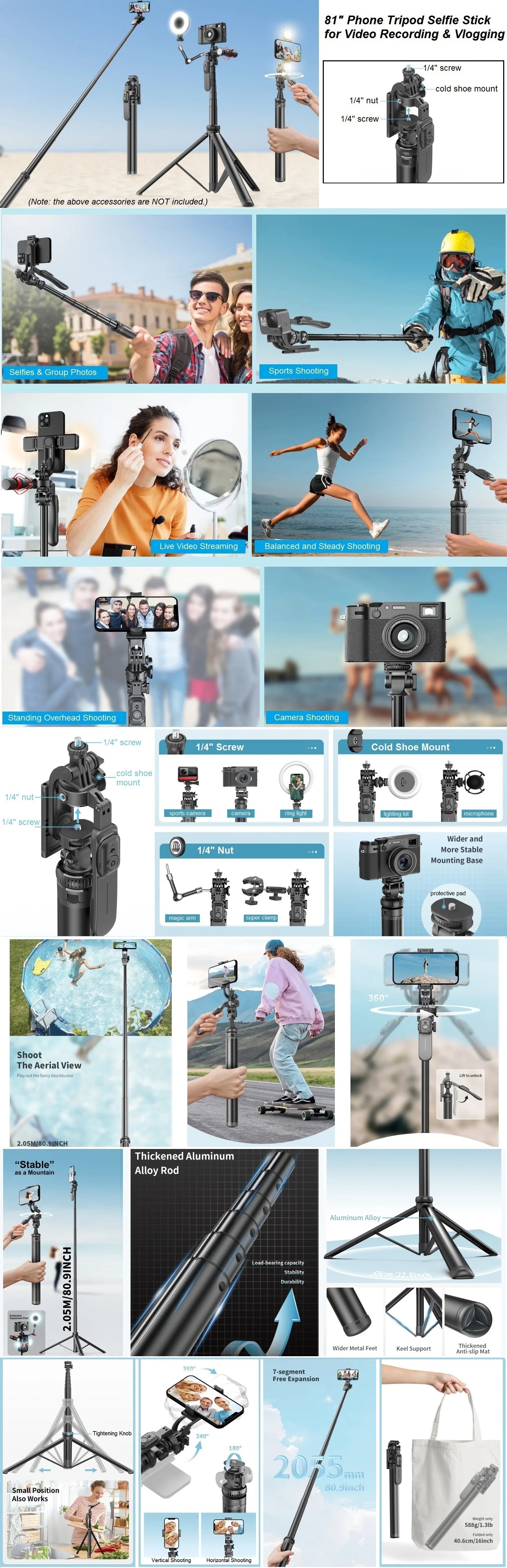 Selfie Stick Tripod with Remote for iPhone Phone Gopro DSLR Camera, 2.0m Extendable Phone Tripod Cold Shoe Mount for Vlog Videos.