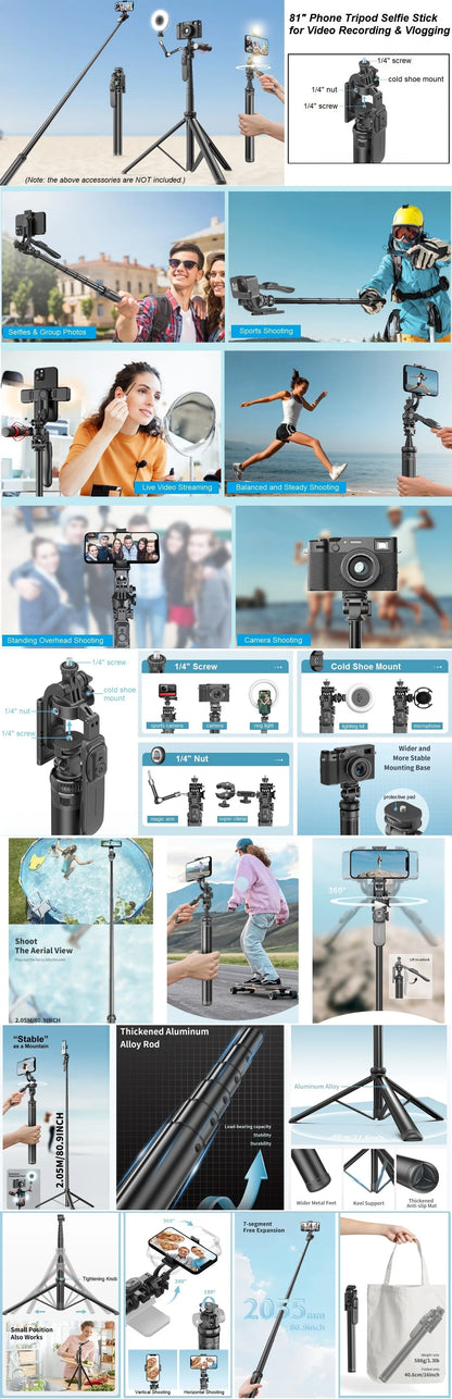 Selfie Stick Tripod with Remote for iPhone Phone Gopro DSLR Camera, 2.0m Extendable Phone Tripod Cold Shoe Mount for Vlog Videos.