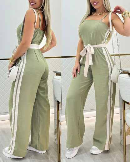 Summer Fashion Striped Camisole Jumpsuit Women Casual Camisole Striped Printed Lace Up Wide Leg Jumpsuit Women.