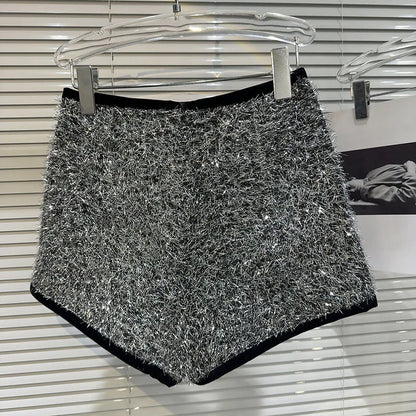 Trendy Women's Solid Color Bright Silk Woolen Shorts 2024 Autumn Fashion New Items High Waist Short Pants Female.