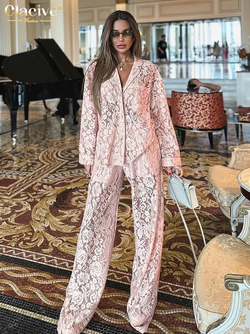 Clacive Sexy Loose Black Lace See Through Trousers Sets Women 2 Pieces Fashion Long Sleeve Shirt With High Waist Wide Pants Set.