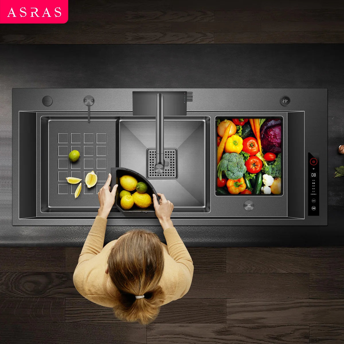 ASRAS high-quality 304 stainless steel multifunctional kitchen sink intelligent food purification large-sized sink nano gray