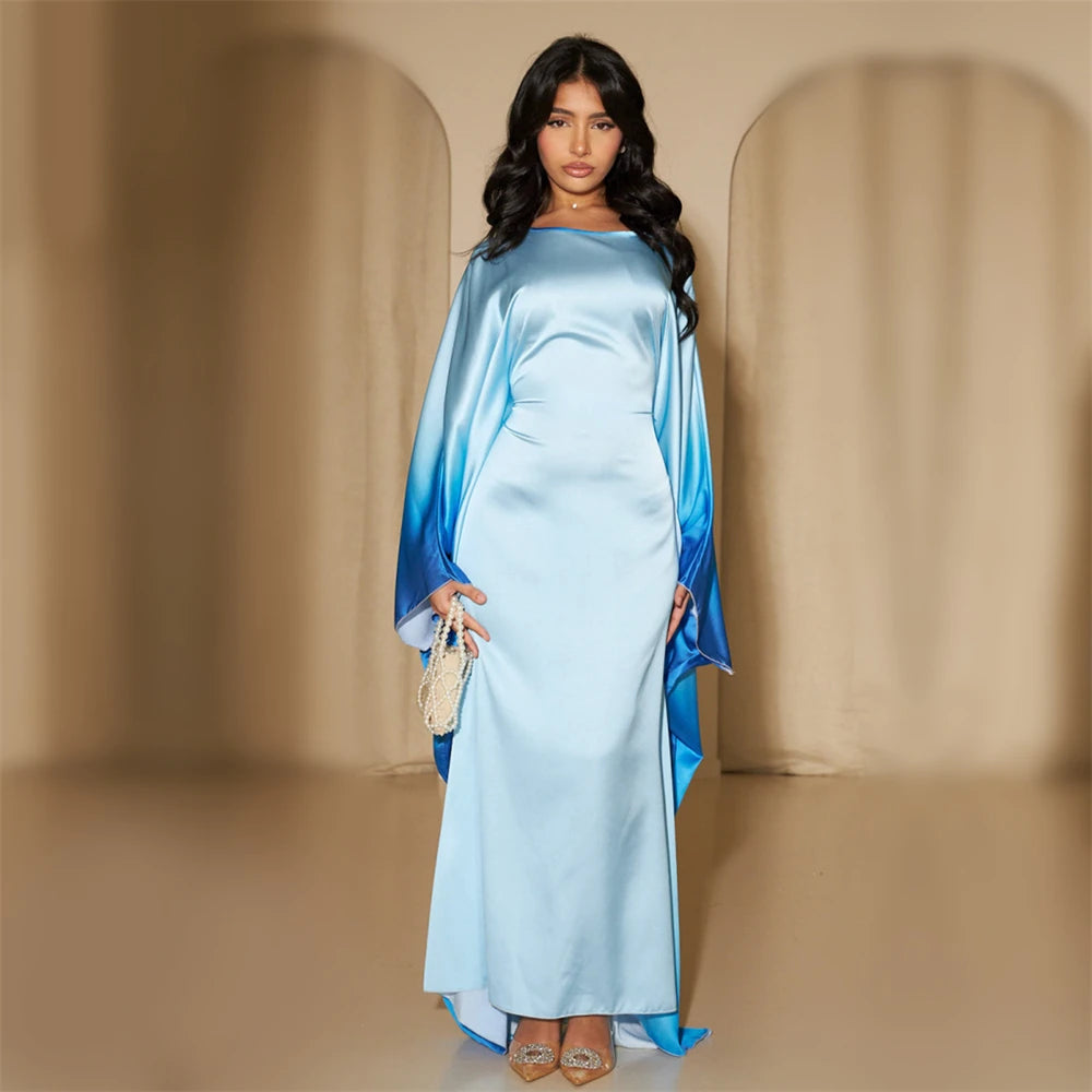 Gradient Batwing Butterfly Sleeve Satin Abaya Dubai Luxury Muslim Kaftan Dress For Women Kebaya Caftan Marocain Femme Vestidos.