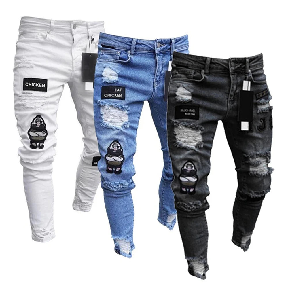 White Embroidery Skinny Ripped Jeans Men Cotton Stretchy Hole Slim Fit Hip Hop Denim Pants Casual Jeans for Men Jogging Trousers.