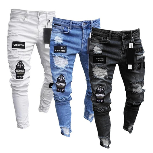 White Embroidery Skinny Ripped Jeans Men Cotton Stretchy Hole Slim Fit Hip Hop Denim Pants Casual Jeans for Men Jogging Trousers.