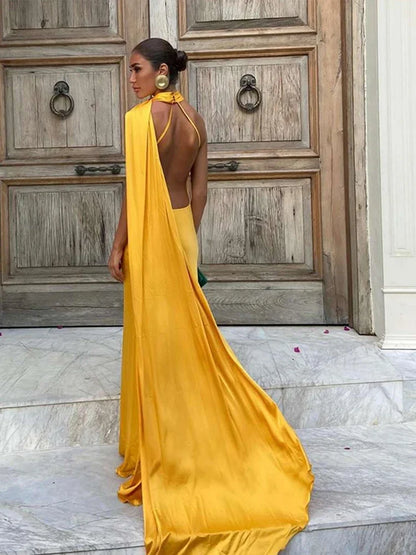 Band hängenden Hals lange Kleider schräg Schulter schnüren rücken frei seidig Satin Temperament Slim Fit Neck holder Frau Fischschwanz Kleid