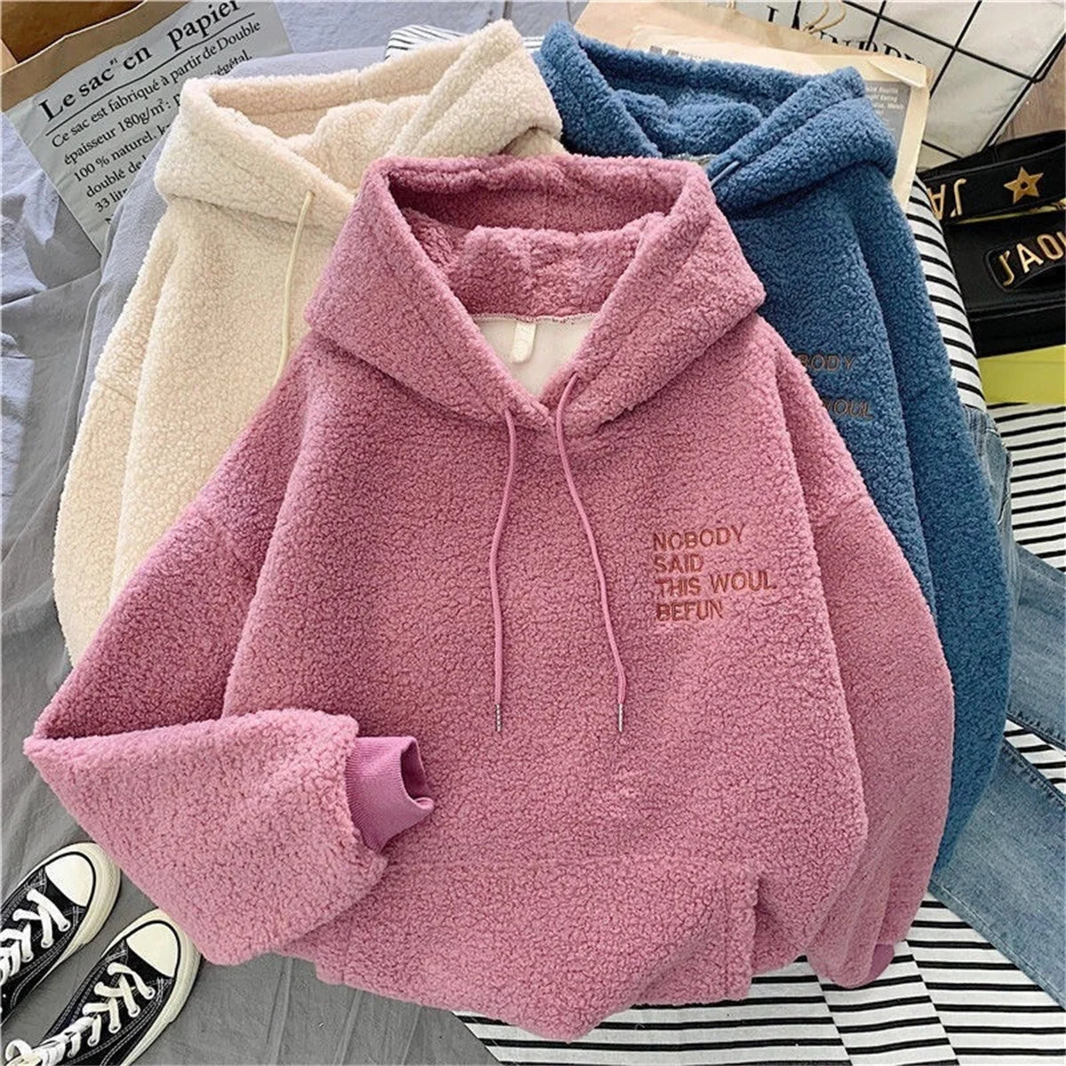 Autumn Winter Fashion Hooded Sweatshirt Women Korean Loose Solid Letter Tops Long Sleeve Warm Outfit Hoodie Lady Casual Street.