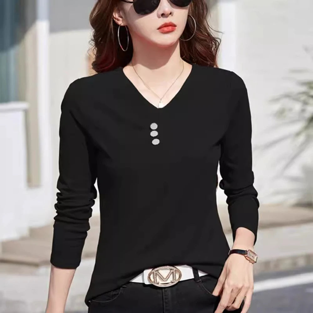 Wine red pure cotton long sleeved t-shirt for women's spring and autumn new style V-neck fashionable casual plus size loose top.
