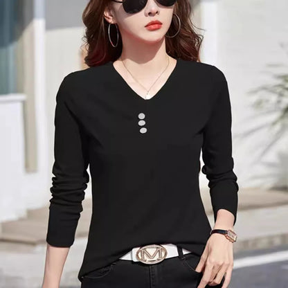 Wine red pure cotton long sleeved t-shirt for women's spring and autumn new style V-neck fashionable casual plus size loose top.