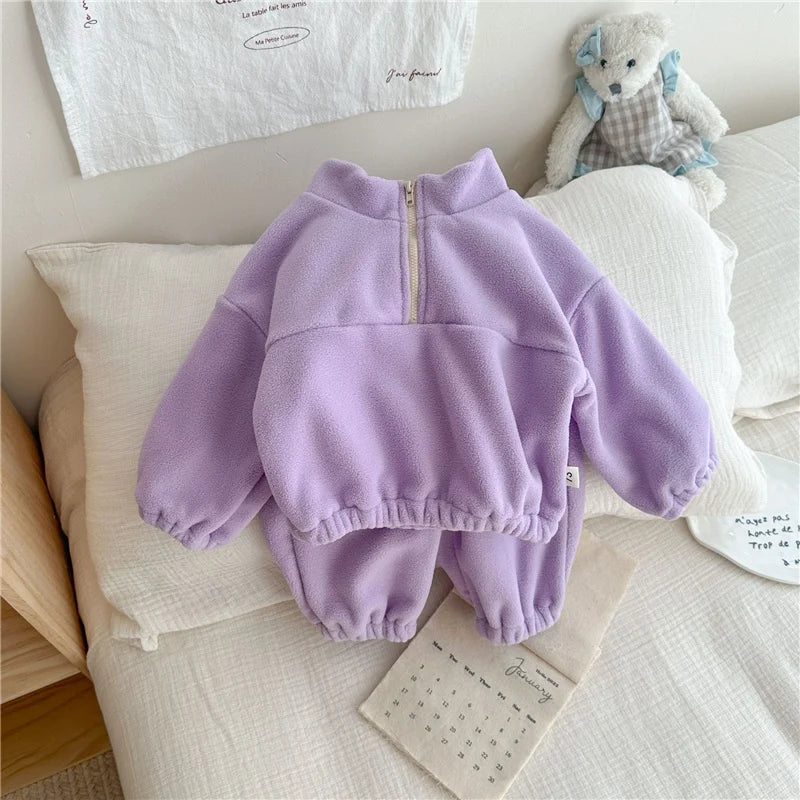Kids Fleece Warm Set Winter Plus Velvet Outfits Long Sleeved Pullover Tops+Pants 2Pcs Autumn Children's Casual Clothing Suits.