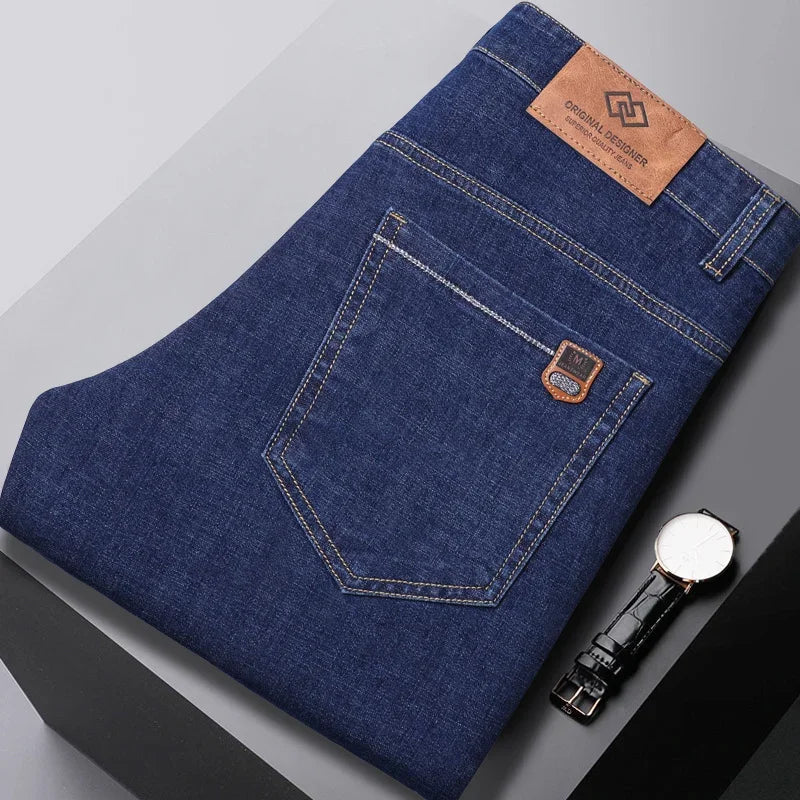2024 New Brand Men's Fit Straight Lightweight Cotton Stretch Denim Pants Casual Male High Waist Thin Light Blue Business Jeans