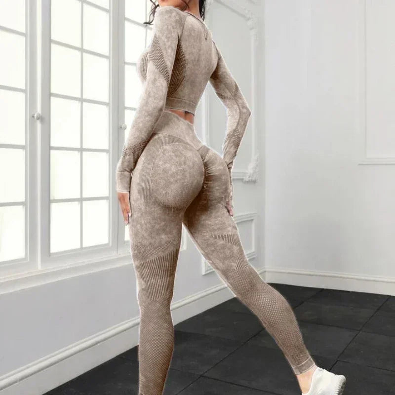 2 Piece Acid Wash Gym Set Women Seamless Long Sleeve Leggings Tracksuit Sports Fitness Suit Scrunch Workout Clothes Yoga Outfits.