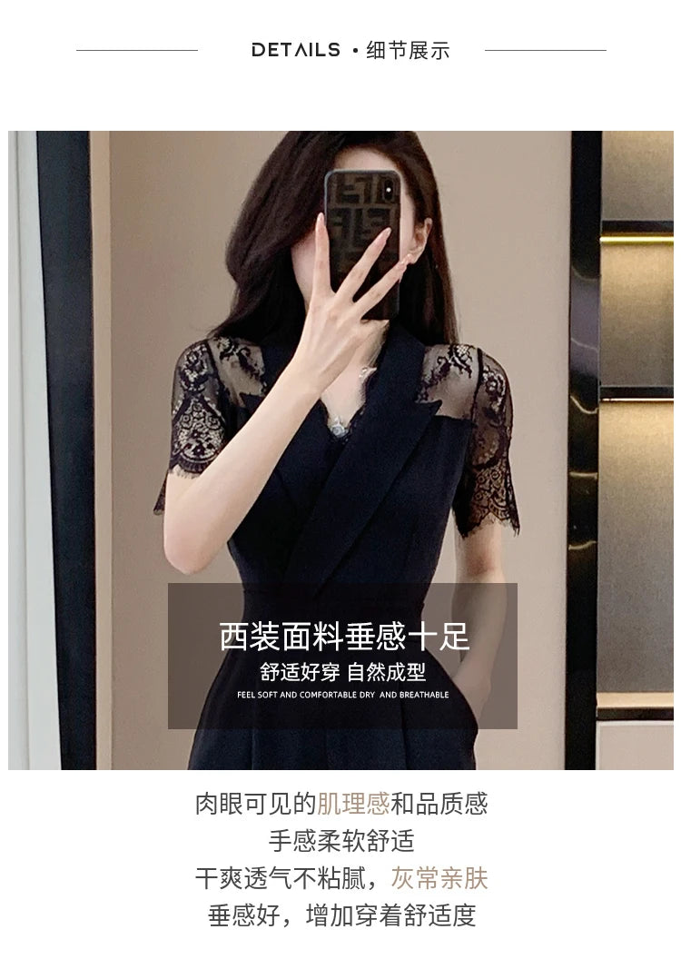 LYX High-Cold Lady Style Romper Women Summer Short Sleeve High Waist Lace Splicing Hollow out One-Piece Straight Leg Pants.