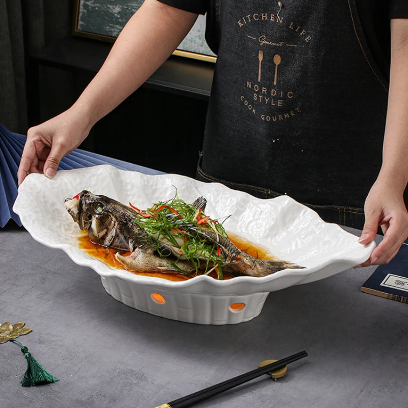 Large Irregular Fish Plate Household Cauldron Bowl Heating and Insulation Plate Ceramic Hotel Tableware Soup Plate.