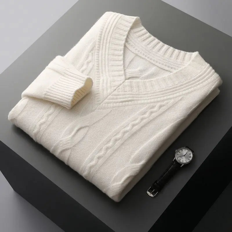 2023 neue Herbst und Winter verdickte Jacquard Pullover V-Ausschnitt modische einfarbige lässige lose faule vielseitige Herren pullover.