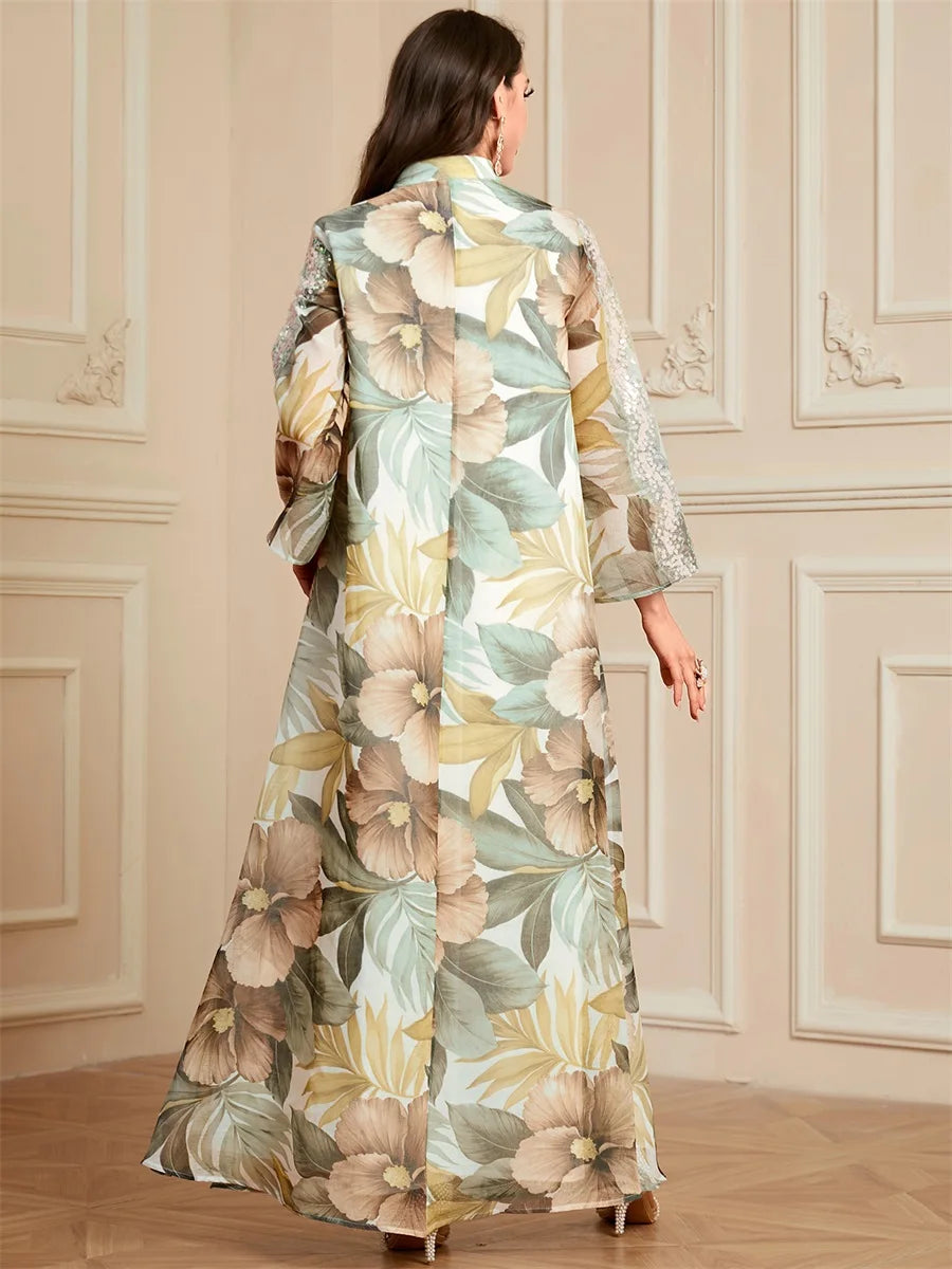Siskakia Ramadan Dubai Floral Print Long Dress Sequins Patchwork Abayas Mesh Kebaya For Muslim Women's Casual Loose Clothing.