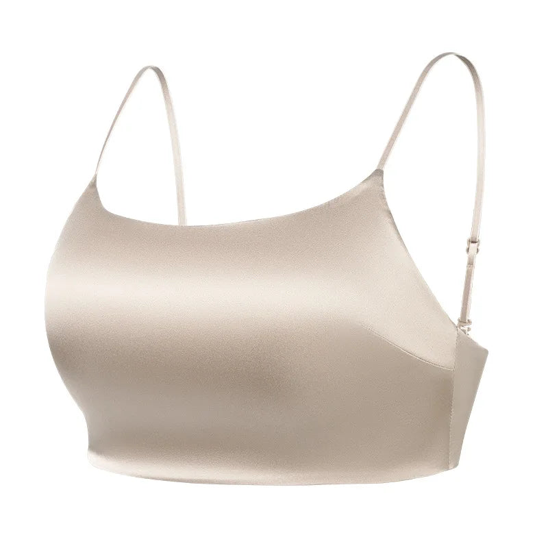 Birdtree 19MM 93% Mulberry Silk 7% Spandex Solid Bra,Women Satin 3/4 Cup U-shaped Back Soft Breathable Sling Underwear A59124JF.