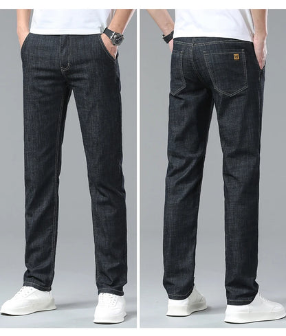 Men's Ice Silk Jeans Summer New Lyocell Thin Business Casual Denim Pants Classic All Match Slim Fit Straight Elastic Jean Male